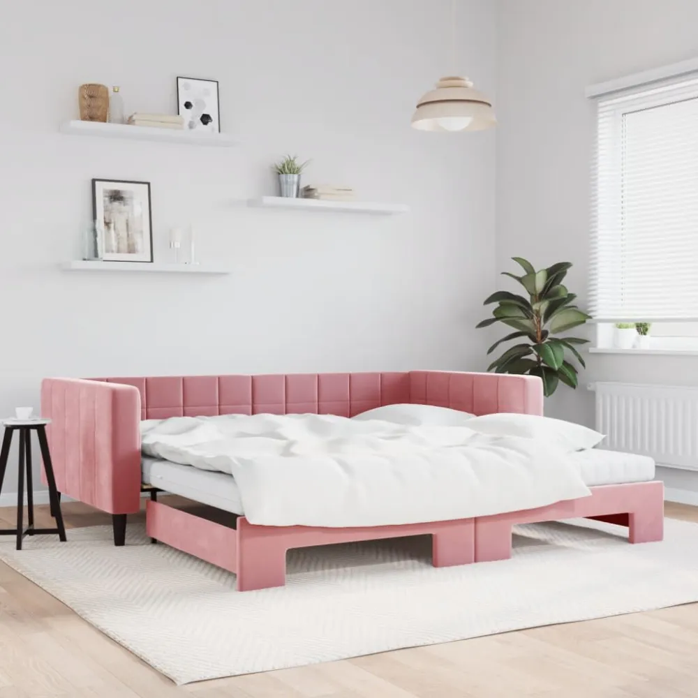 Slaapbank onderschuifbed en matrassen 100x200 cm fluweel roze voor Hymer | Adria | Knaus
