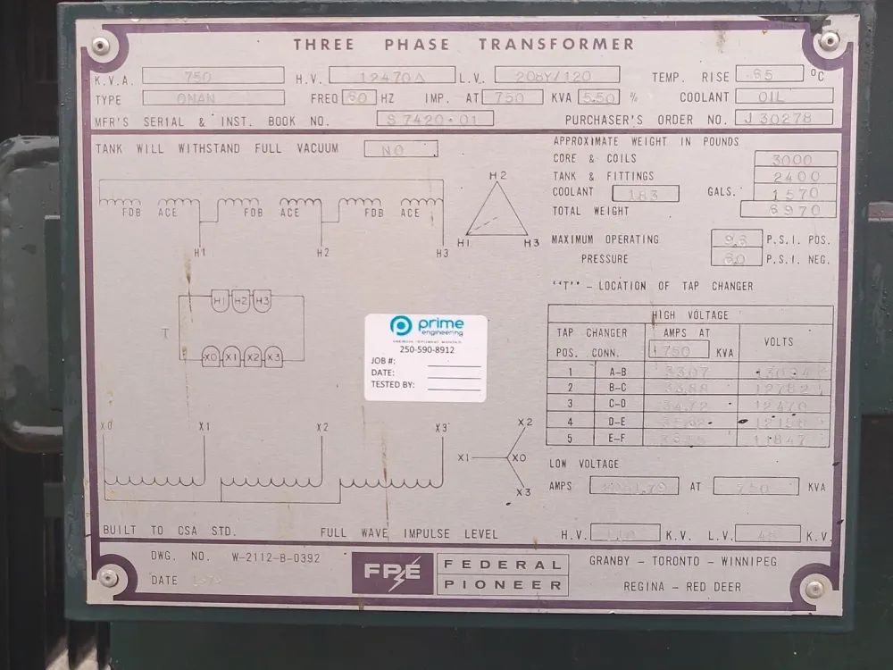 750 kVA Oil-Filled ONAN Transformer 12470 Delta Pri. Volts, 208Y/120 Sec. Volts