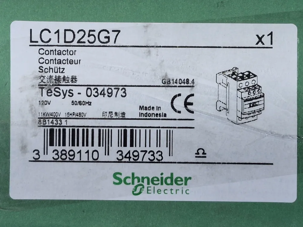 25 Amp, 3 Pole, 1NO + 1NC, 120 VAC Coil Contactor LC1D25G7 met 2 jaar garantie