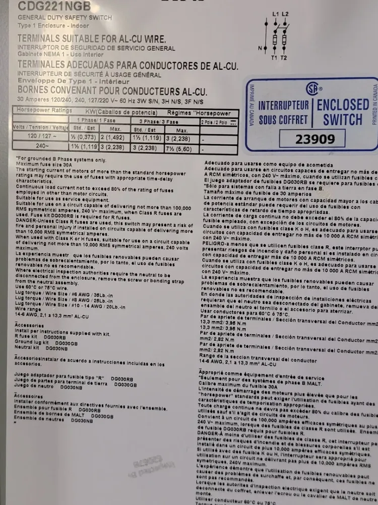 30 Amp, 2 Pole, 240 volts Fusible Disconnect CDG221NGB