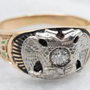 Double Headed Eagle and European Cut Diamond Masonic Ring