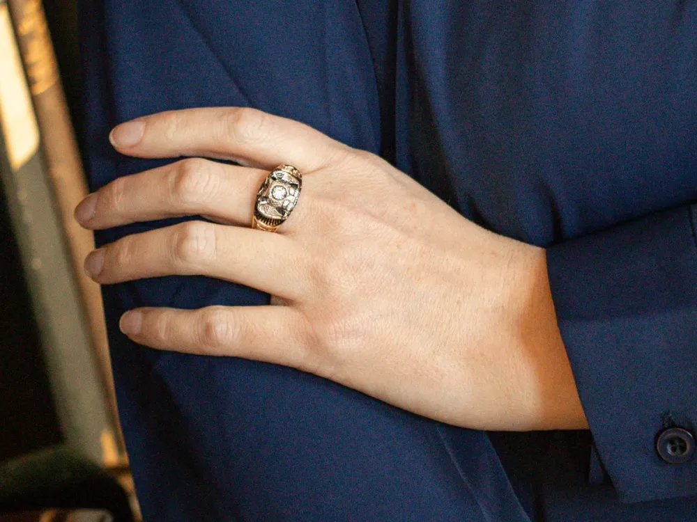 Double Headed Eagle and European Cut Diamond Masonic Ring
