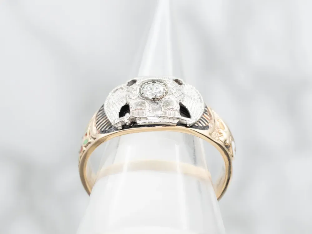 Double Headed Eagle and European Cut Diamond Masonic Ring