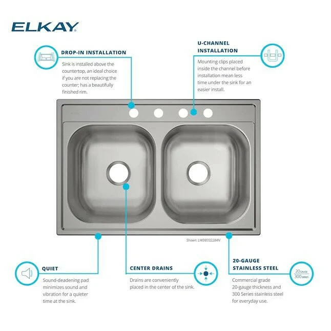 Elkay Dayton 33" x 22" Drop- Stainless Steel Double Equal Bowl 4-Hole Stainless Staal Kitchen Sink