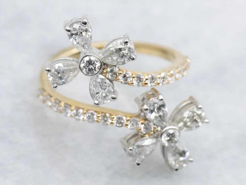 Floral Two-Tone Gold Diamond Bypass Ring