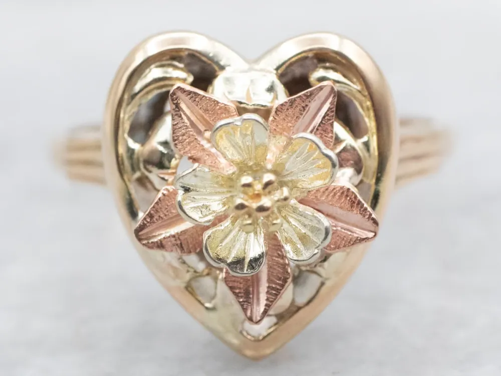 Mid Century Two Tone Heart Flower Blossom Ring gegalvaniseerd staal
