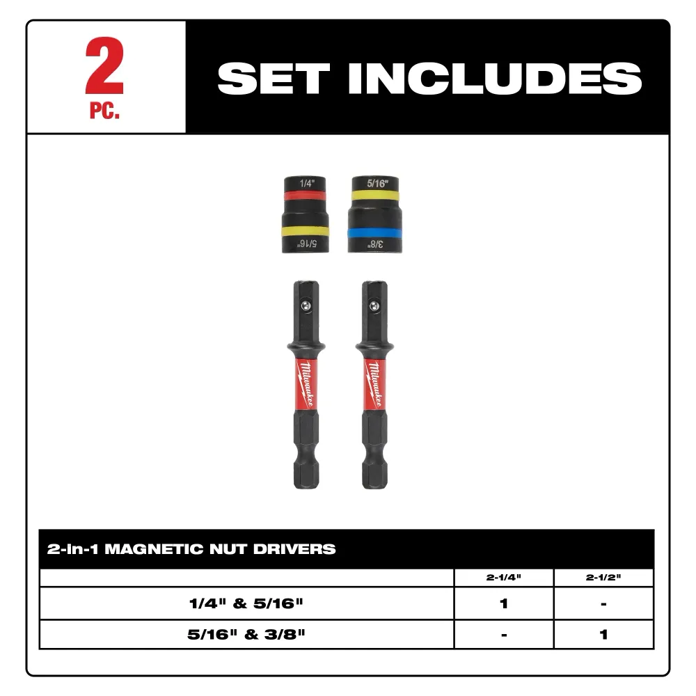 MILWAUKEE 2 PC. SHOCKWAVE IMPACT DUTY™ QUIK-CLEAR™ 2--1 Magnetic Nut Driver Set met Garantie