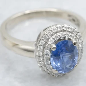 Modern Sapphire and Tweeling Diamond Halo Engagement Ring