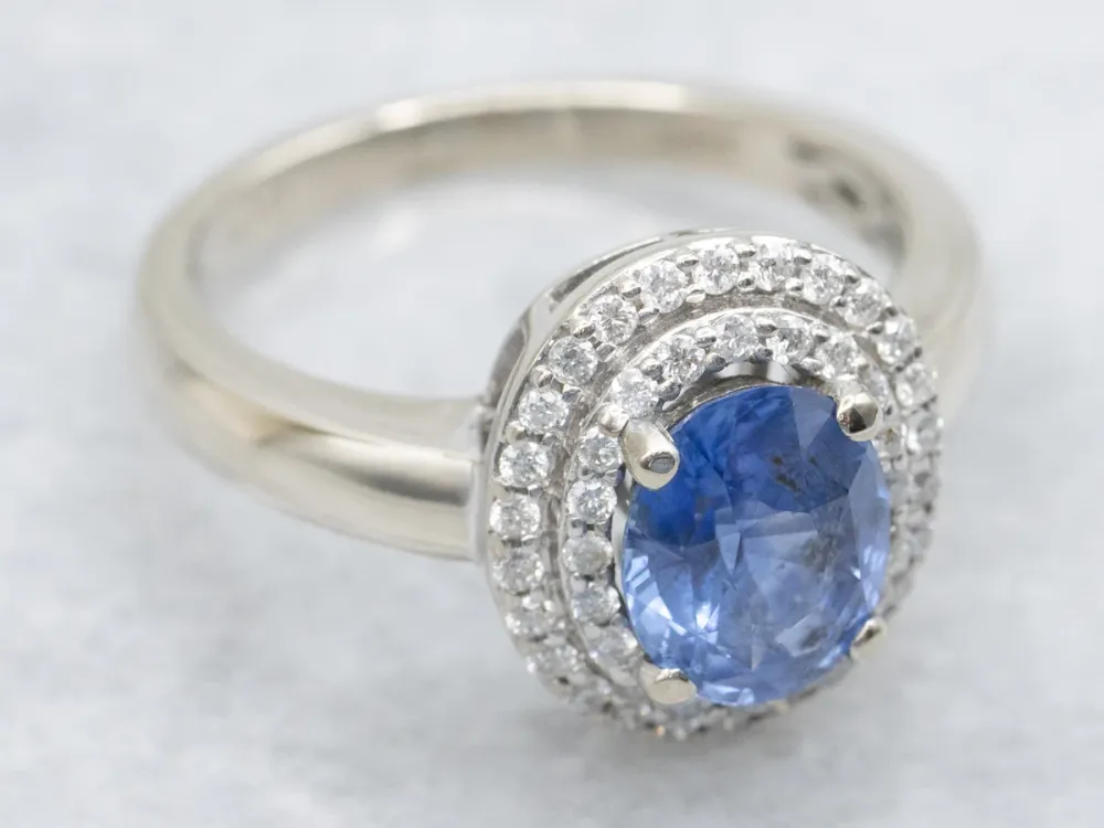 Modern Sapphire and Tweeling Diamond Halo Engagement Ring
