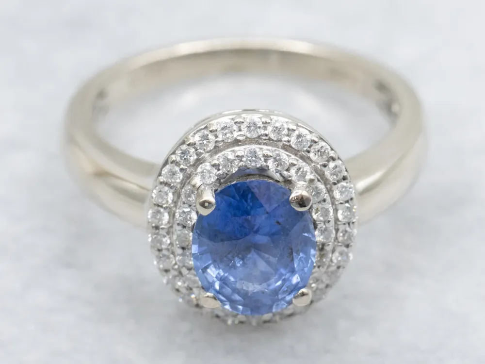 Modern Sapphire and Tweeling Diamond Halo Engagement Ring