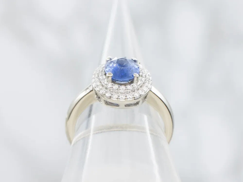 Modern Sapphire and Tweeling Diamond Halo Engagement Ring