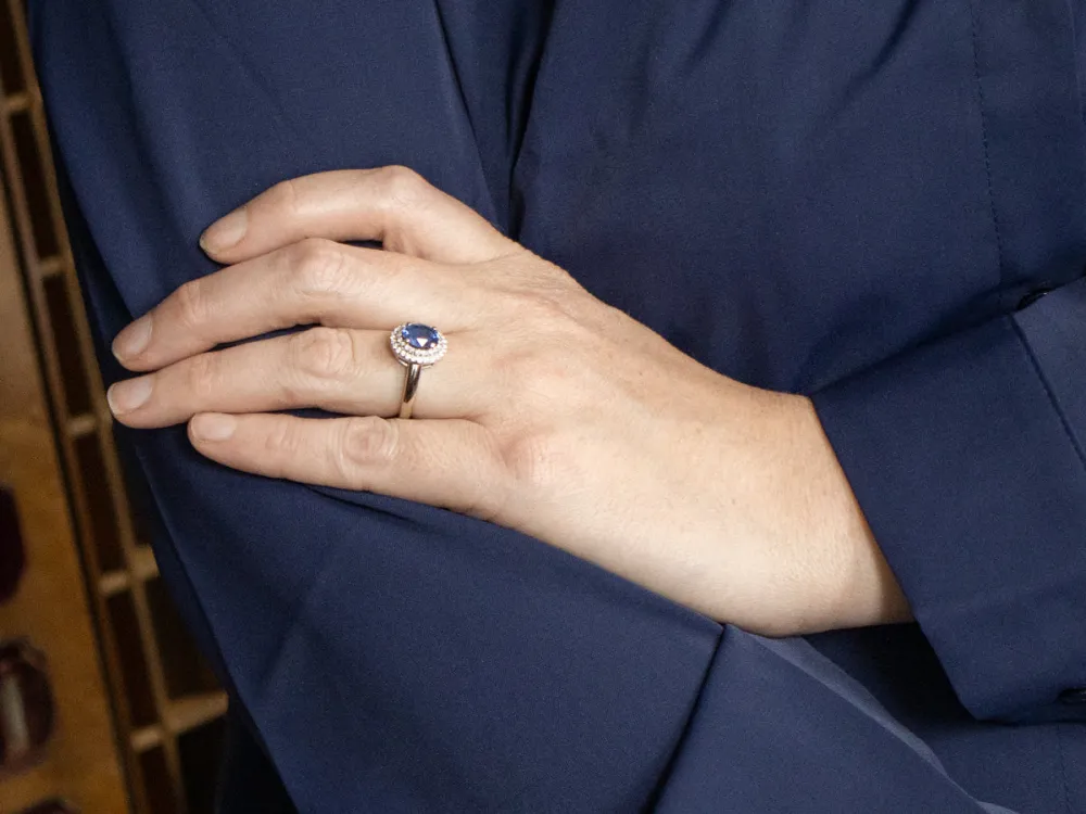 Modern Sapphire and Tweeling Diamond Halo Engagement Ring