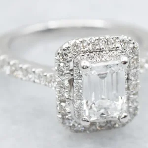 Modern Vera Wang Emerald Cut Diamond Halo Engagement Ring Peekaboo Sapphire