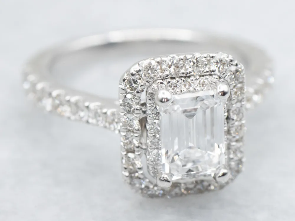 Modern Vera Wang Emerald Cut Diamond Halo Engagement Ring Peekaboo Sapphire