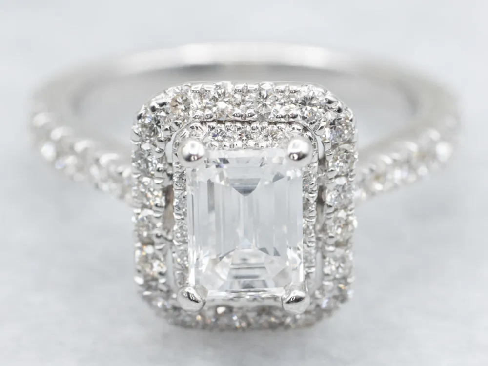 Modern Vera Wang Emerald Cut Diamond Halo Engagement Ring Peekaboo Sapphire