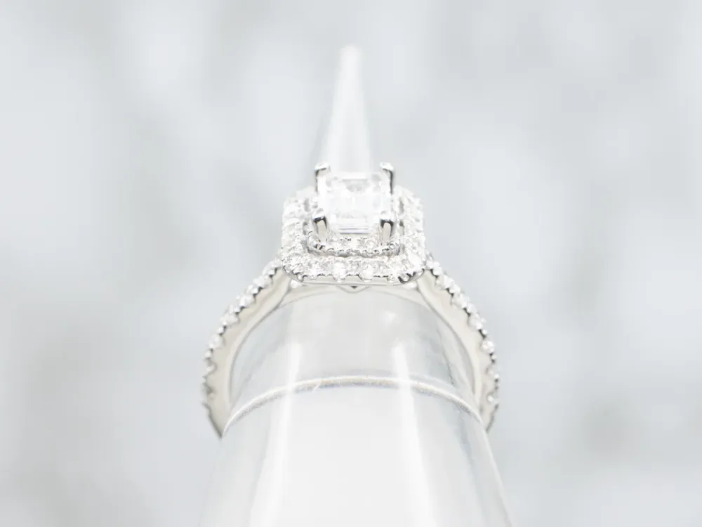 Modern Vera Wang Emerald Cut Diamond Halo Engagement Ring Peekaboo Sapphire