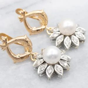 OEM Kwaliteit Two Tone Pearl and Diamond Floral Drop Earrings