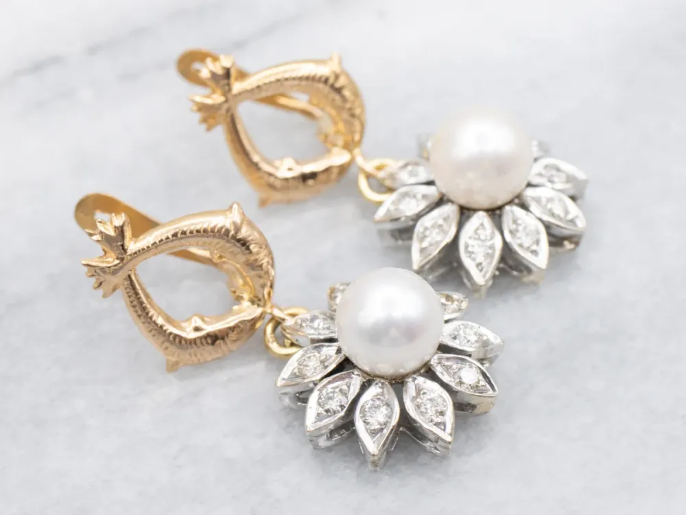 OEM Kwaliteit Two Tone Pearl and Diamond Floral Drop Earrings
