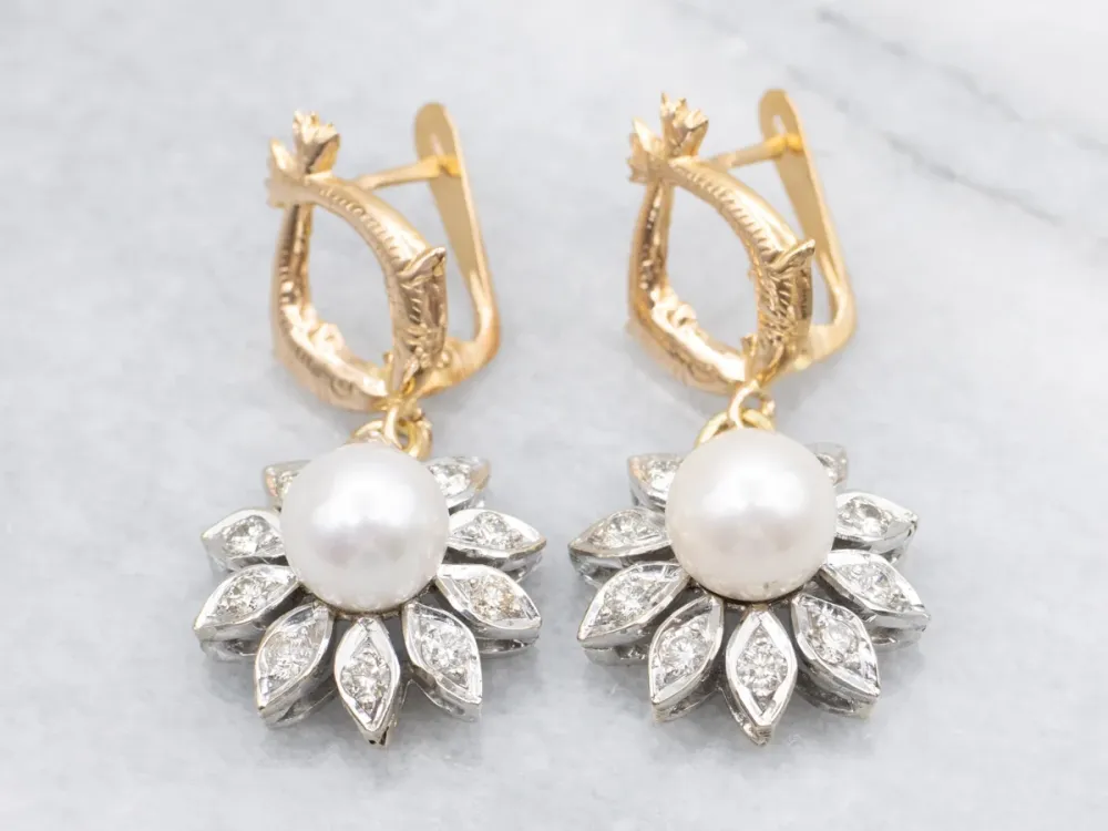 OEM Kwaliteit Two Tone Pearl and Diamond Floral Drop Earrings