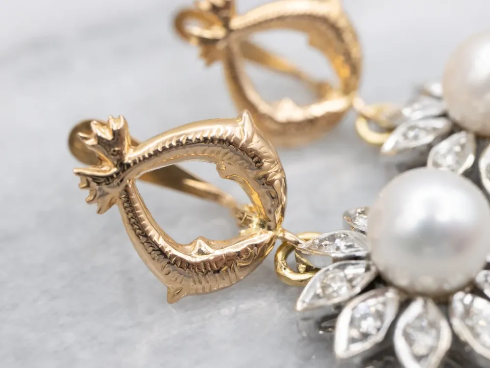 OEM Kwaliteit Two Tone Pearl and Diamond Floral Drop Earrings