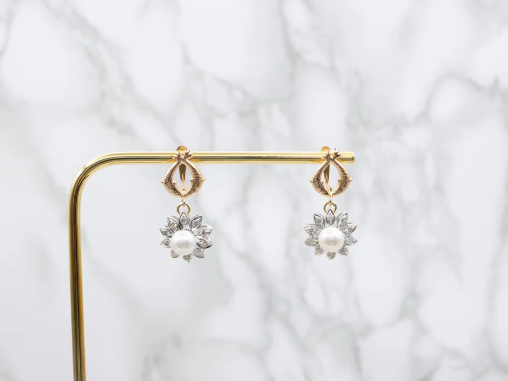 OEM Kwaliteit Two Tone Pearl and Diamond Floral Drop Earrings