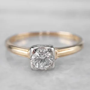 Vintage Diamond Solitaire Engagement Ring Two Tone Gold