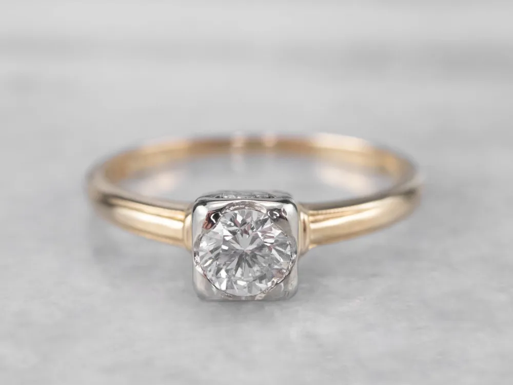 Vintage Diamond Solitaire Engagement Ring Two Tone Gold