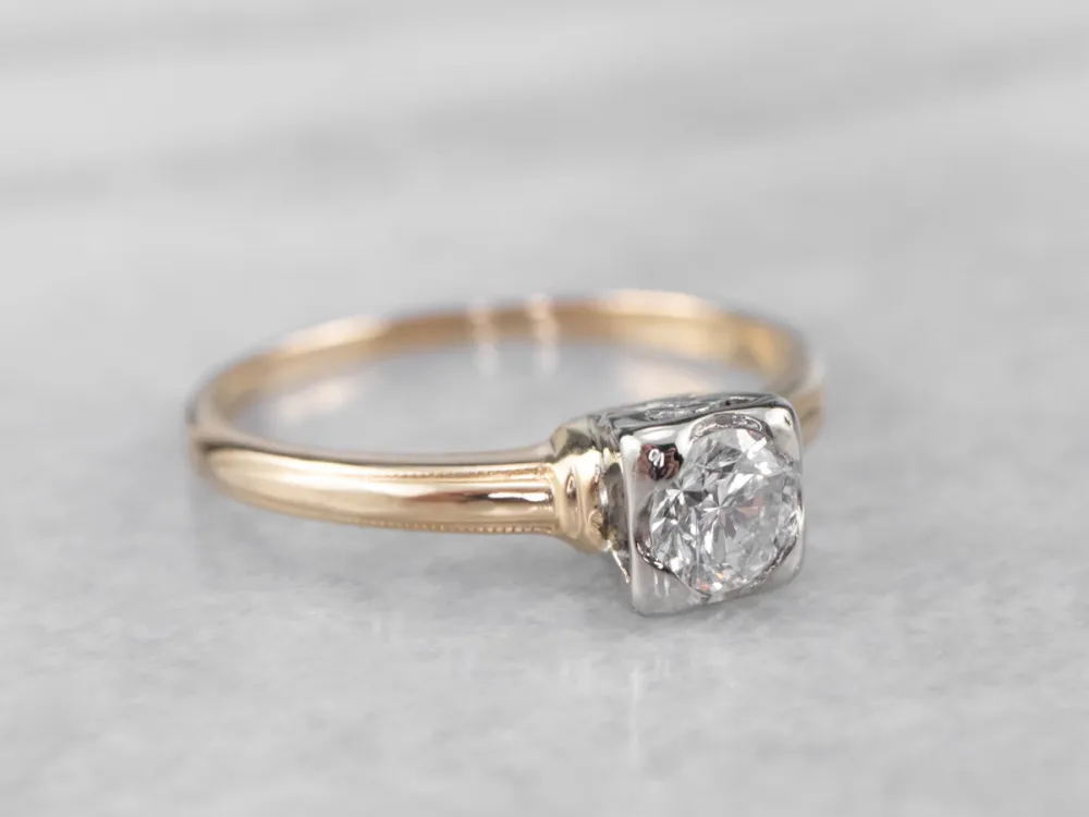 Vintage Diamond Solitaire Engagement Ring Two Tone Gold