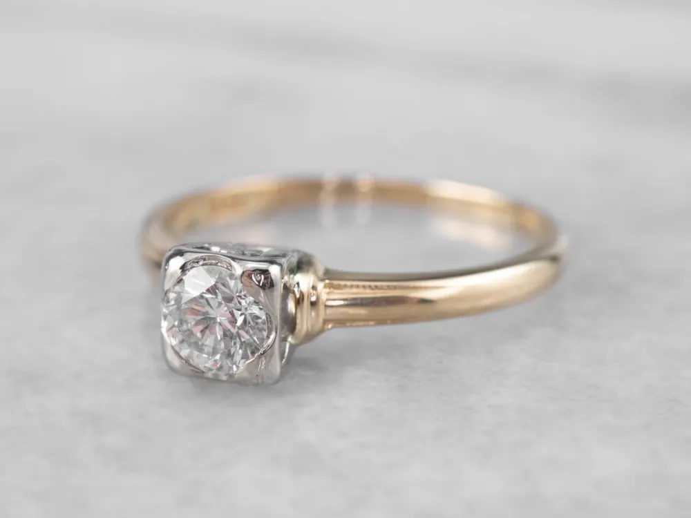 Vintage Diamond Solitaire Engagement Ring Two Tone Gold