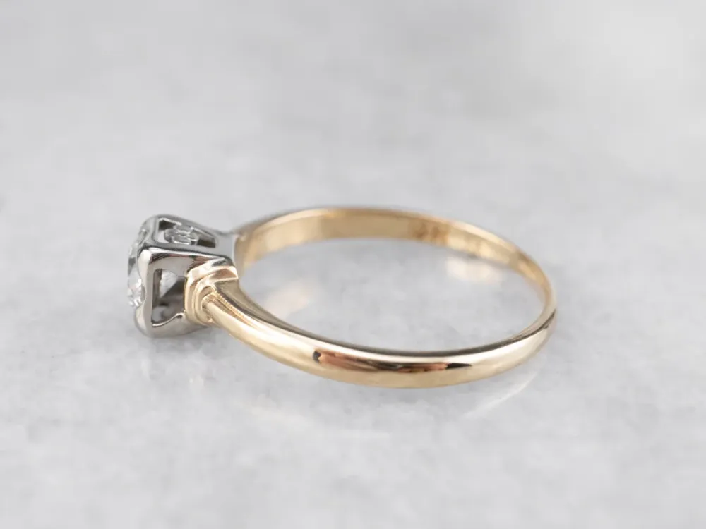 Vintage Diamond Solitaire Engagement Ring Two Tone Gold