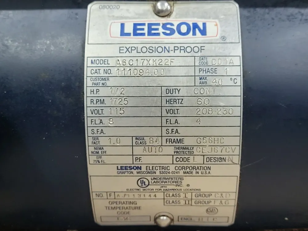 1/2 hp, 115/208-230 V, 1725 rpm, G56HC Electric Motor 111094.00