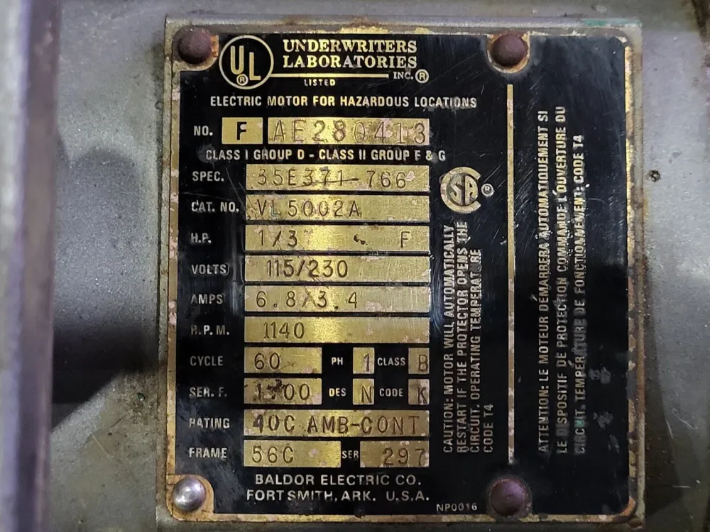 1/3 hp, 115/230 volts, 1140 rpm, 56C Electric Motor VL50022 uit Frankrijk