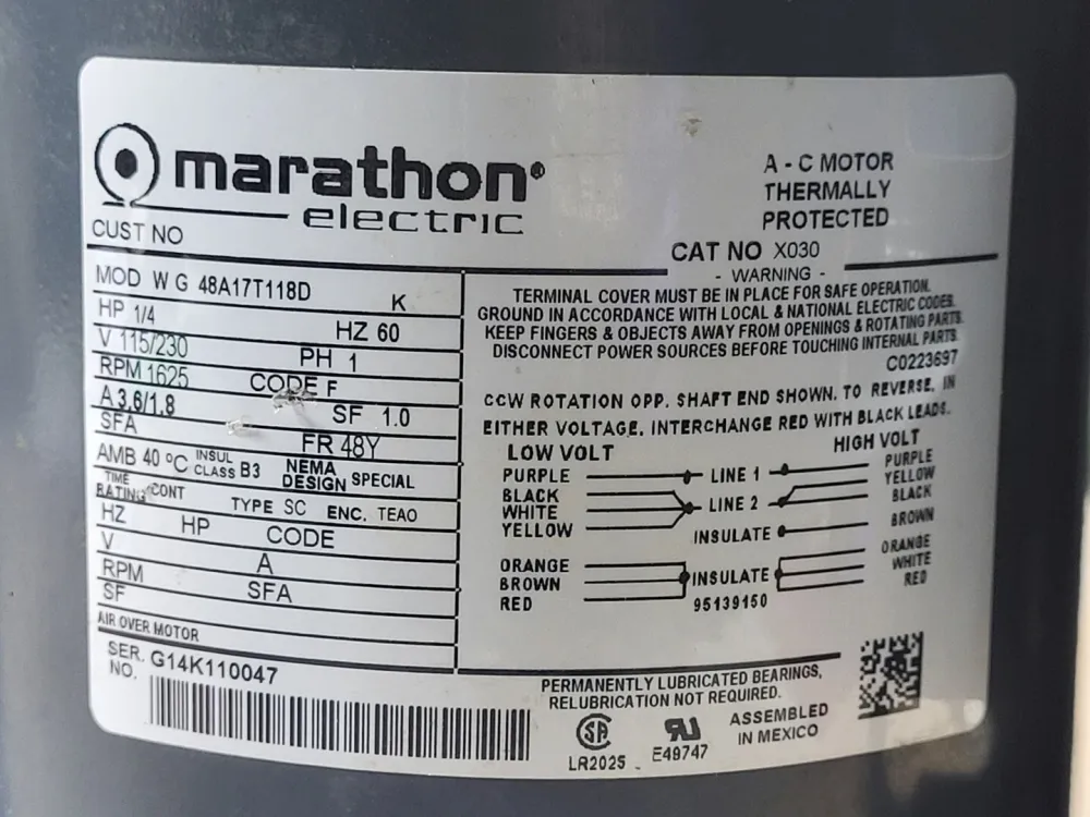 1/4 hp, 115/230 volts, 1625 rpm, 48Y Electric Motor X030 met 18 maanden garantie