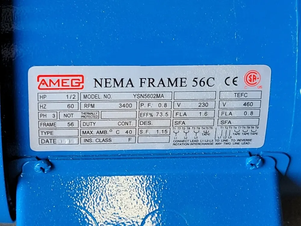 1/2 hp, 230/460 volts, 3400 rpm, 56 Electric Motor YSN5602MA