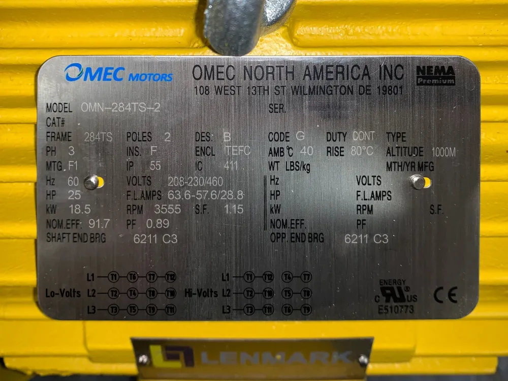 25 hp, 230/460 volts, 3600 rpm, 284TS Electric Motor OMN-284TS-2