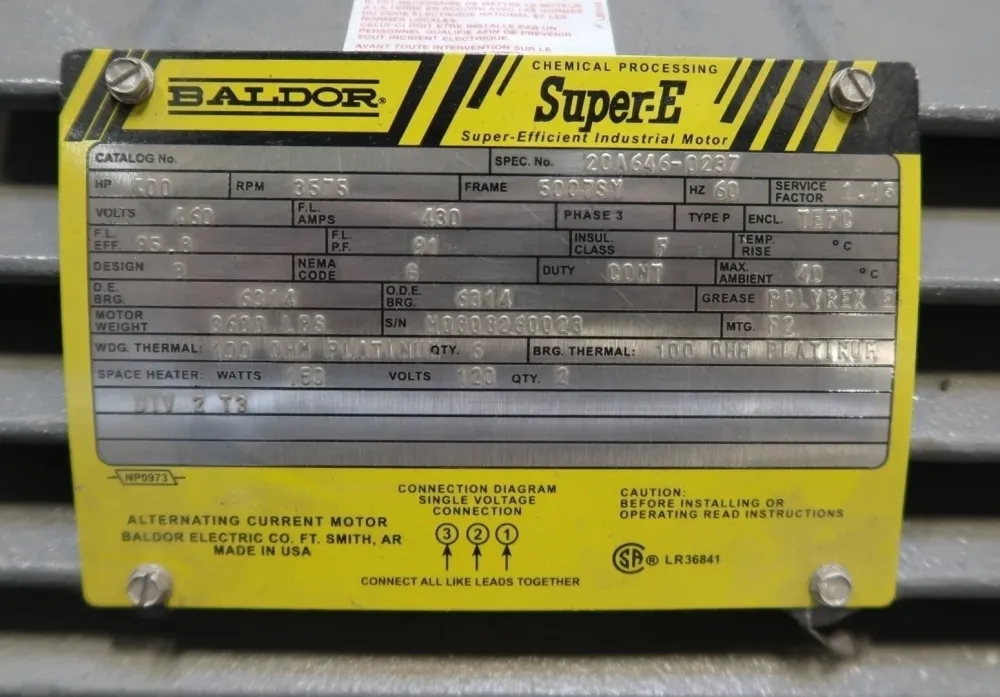 400 hp, 460 volts, 3575 rpm, 5007SY Electric Motor 20A645-0237