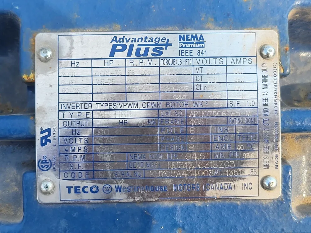 75 hp, 575 volts, 1180 rpm, 405T Electric Motor APH07506TE5-M