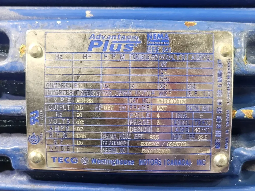 1/2 hp, 575 volts, 1745 rpm, 143T, Electric Motor APH00104TE5