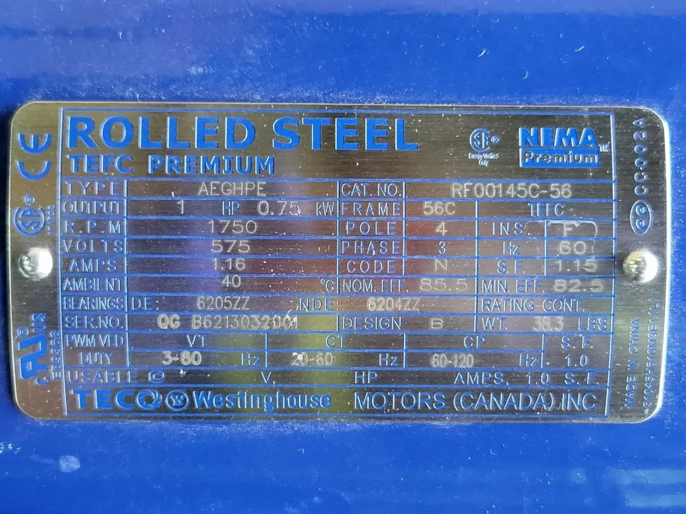 1.0 hp, 575 volts, 1750 rpm, 56C Electric Motor RF00145C-56