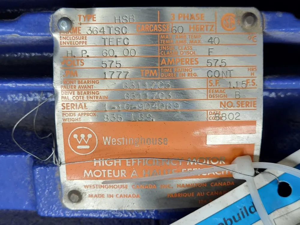 60 hp, 575 volts, 1777 rpm, 364TSC, Electric Motor HSB