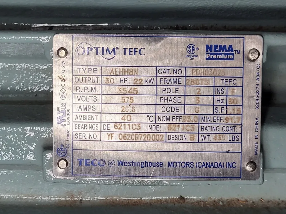 30 hp, 575 volts, 3545 rpm, 286TS, Electric Motor PDH03025