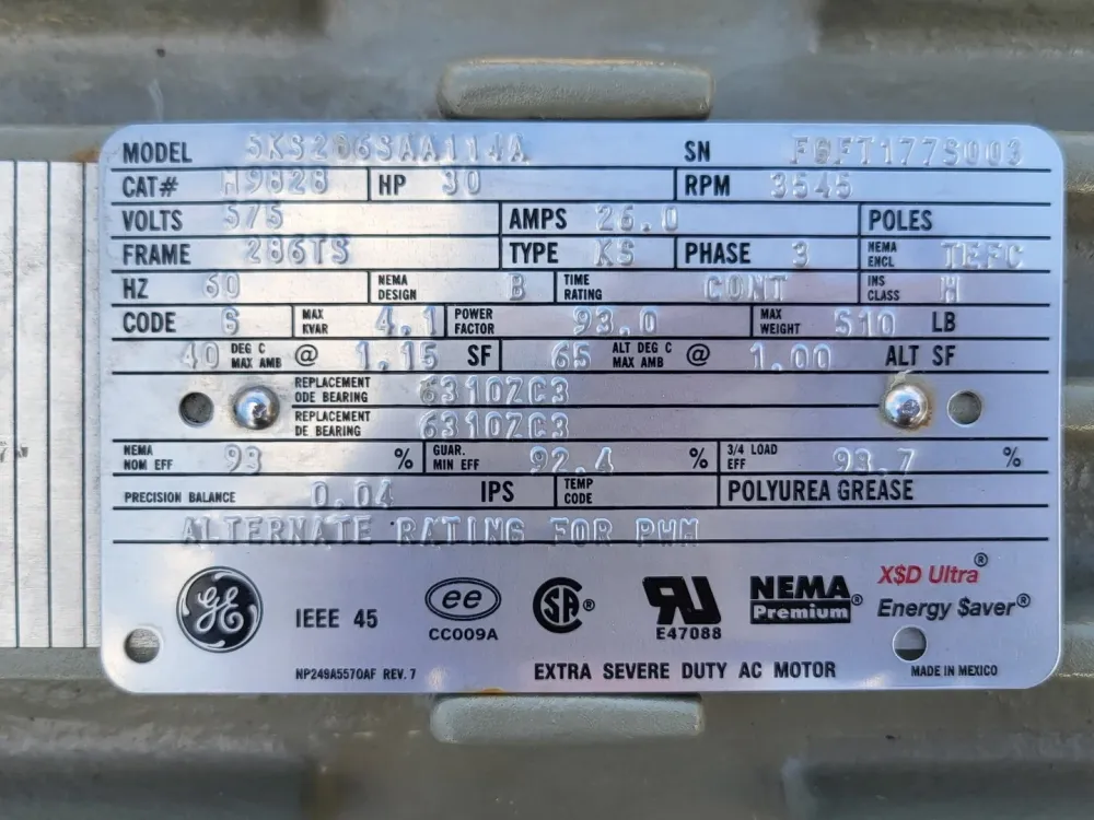 30 hp, 575 volts, 3545 rpm, 286TS Electrical Motor 5KS256SAA114A