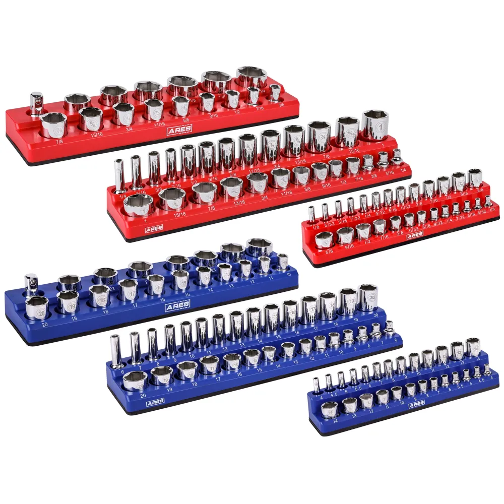 ARES 60058 - 6-Piece Zeeblauw and Red Metric and SAE Magnetic Socket Organizer Set
