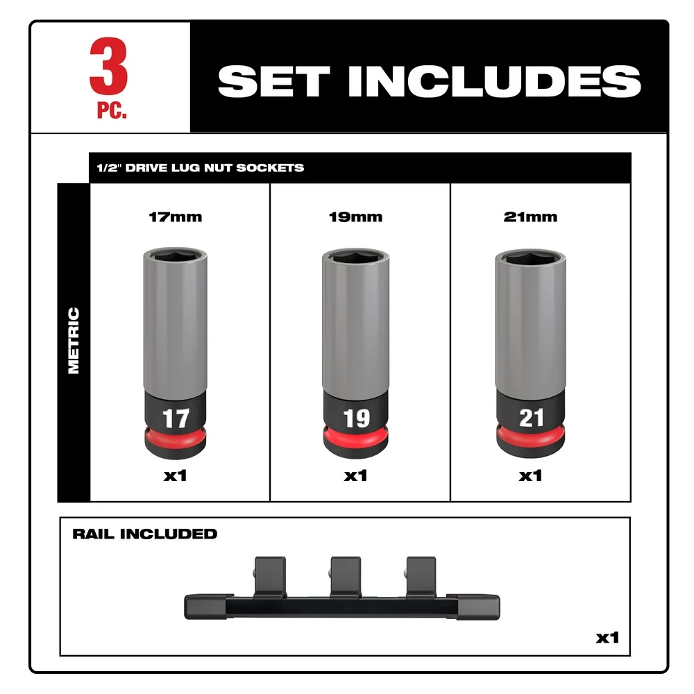 Draadtap- MILWAUKEE SHOCKWAVE IMPACT DUTY 1/2 Drive Metric 3 PC. Lug Nut Wheel Socket Set