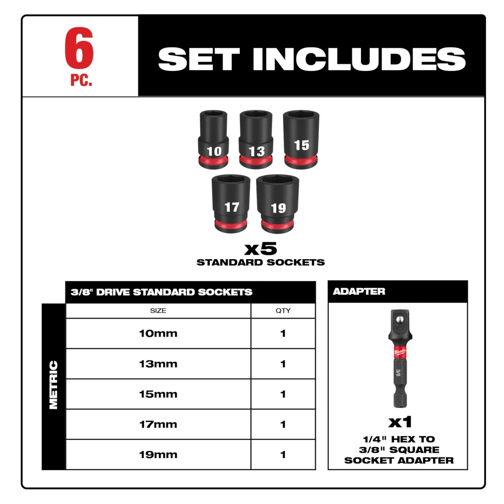 MILWAUKEE 6 PC. SHOCKWAVE IMPACT DUTY 3/8" Drive Basis Socket Set - Metric