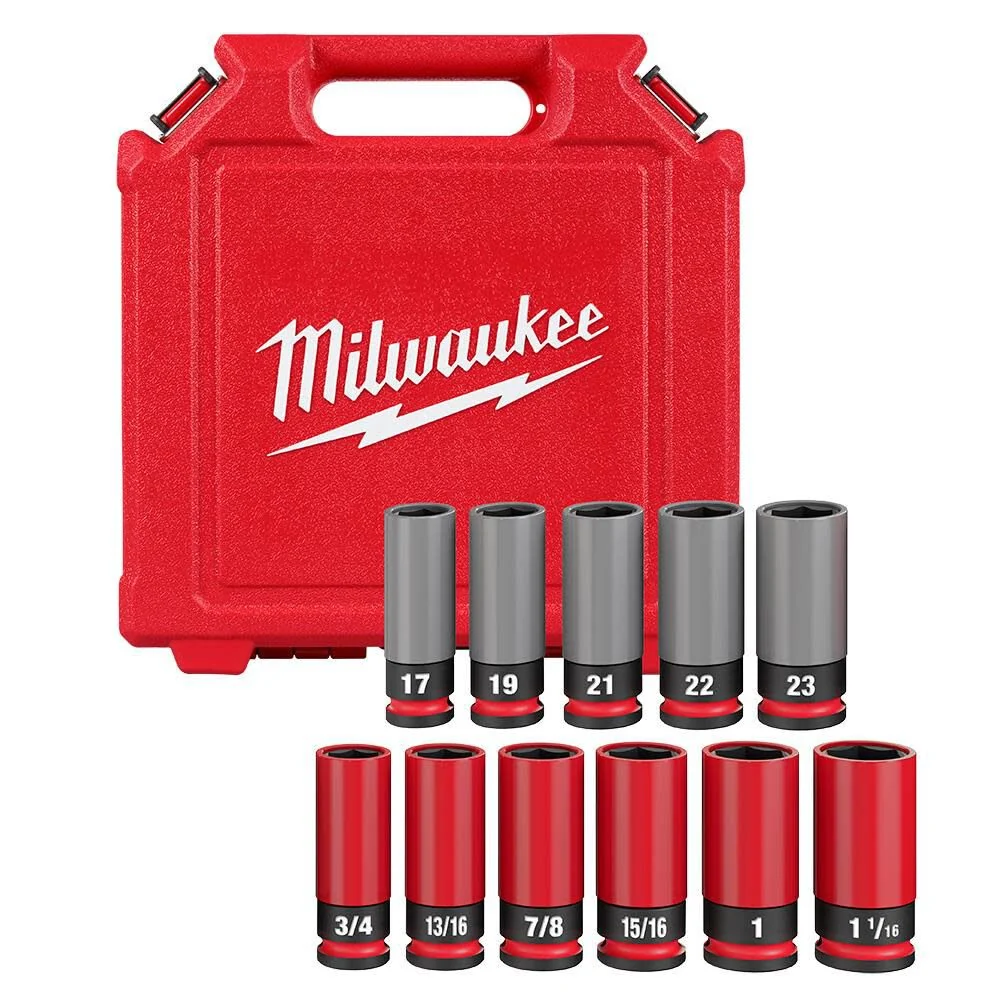 MILWAUKEE SHOCKWAVE IMPACT DUTY 1/2 Drive SAE & Metric 11 PC. Lug Nut Wheel Socket Set Gemaakt van HSS-staal