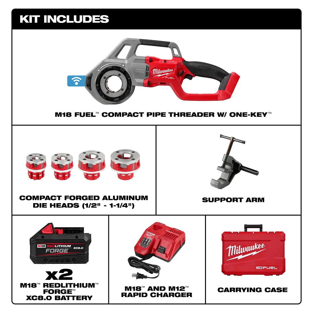 MILWAUKEE M18 FUEL Compact Pipe Threader w/ ONE-KEY Kit w/ 1/2" - 1-1/4" Gering NPT Forged Aluminum Die Heads