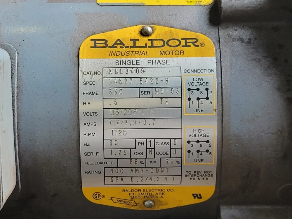 0.5 hp, 115/208-230 volts, 1725 rpm, 56C Electric Motor KBL3409