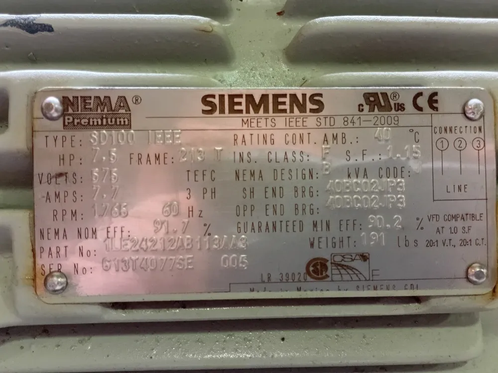 7.5 hp, 575 volts, 1765 rpm, 213T Electric Motor 1LE24212AB113AA3