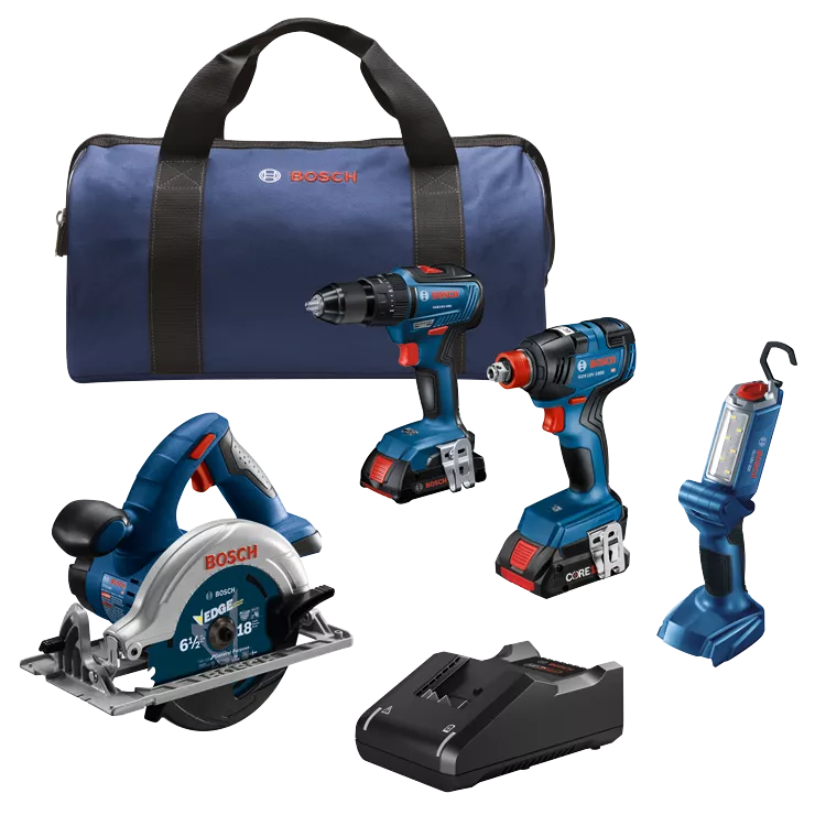 BOSCH 18V 4-Tool Combo Kit w/ 2--1 1/4" & 1/2" Bit/Socket Impact Driver/Wrench, 1/2" Hammer Drill/Driver, 6-1/2" Circular...